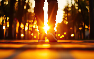 A silhouette of a person walking towards the sunset, with warm golden light illuminating the path and surrounding trees.