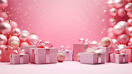 Wall Mural - Pink Christmas background with festive gift boxes and Christmas balls. Holiday Christmas and New Year composition with copy space.