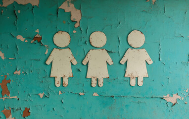 Creative representation of three female symbols on a vintage turquoise wall, showcasing peeling paint and artistic design.