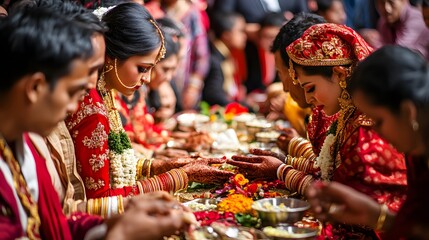 Traditional Nepalese Wedding Ceremony: A traditional wedding ceremony in Nepal, with the bride and groom in elaborate red and gold attire, surrounded by family and friends.
