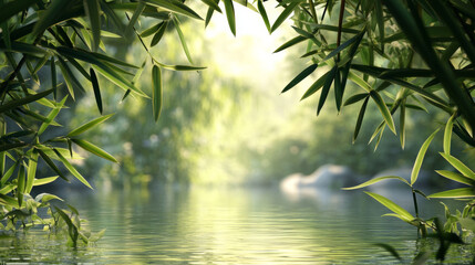 A lush green bamboo border frames a shimmering, sunlit water surface. This serene scene evokes a peaceful Asian spa atmosphere, leaving room for your message.