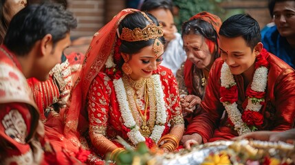 Traditional Nepalese Wedding Ceremony: A traditional wedding ceremony in Nepal, with the bride and groom in elaborate red and gold attire, surrounded by family and friends.
