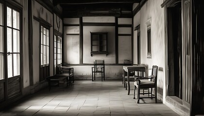 Sticker - A black and white photo full of history shows the quiet atmosphere of an ancient house. The interior light is soft, and the walls and furniture show traces of time.