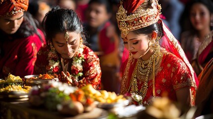 Traditional Nepalese Wedding Ceremony: A traditional wedding ceremony in Nepal, with the bride and groom in elaborate red and gold attire, surrounded by family and friends.
