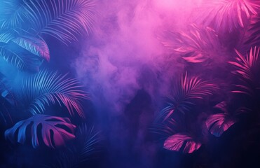 Wall Mural - Tropical leaves illuminated by neon blue and pink light in a smoky atmosphere.