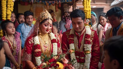 Traditional Nepalese Wedding Ceremony: A traditional wedding ceremony in Nepal, with the bride and groom in elaborate red and gold attire, surrounded by family and friends.
