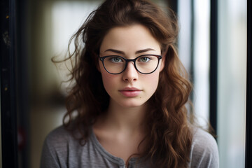 Poster - Young pretty brunette girl at indoors with glasses