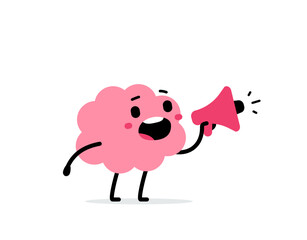 Wall Mural - Vector cartoon illustration of smile brain communication with red loudspeaker on white color background. Flat doodle style design of cute happy brain character announcement megaphone