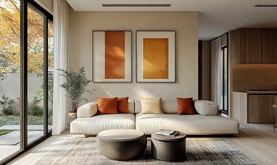 Wall Mural -  Japandi, scandinavain interior design of modern living room. 