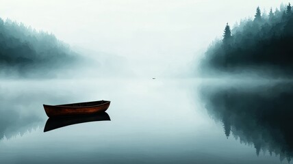 A tranquil scene featuring a solitary boat on a misty lake, surrounded by serene forests and calm water reflections.