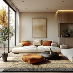 Wall Mural -  Japandi, scandinavain interior design of modern living room. 