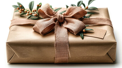 Gift wrapped in brown paper with decorative bow and greenery