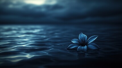 Single Blue Flower Floating on Dark Water