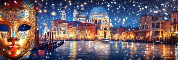 A detailed Venetian mask overlooking a snowy winter scene in Venice, Italy. The snow adds a festive and magical touch to the illuminated cityscape at night.Venetian mask with winter cityscape