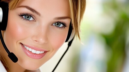 Close-up of a Smiling Woman Wearing a Headset, Blonde Hair, White Background, Green Blur, Professional, Support, Service