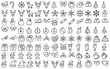 © SantaArt - Christmas icons collection, black and white line art, vector illustration, festive holiday design.  Christmas, New Year holidays big set icon. Line style collection.