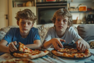 teenager boys playing game on console at home and eating pizza, Generative AI