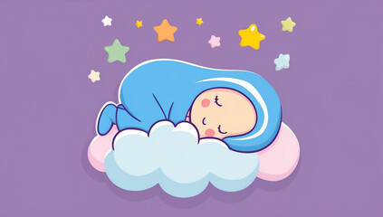 Little cartoon baby sleeping on a cloud, flat design illustration