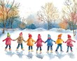 © kazitafahnizeer - Children ice skating in a snowy landscape, wearing colorful coats and hats, enjoying a winter day filled with laughter and joy.