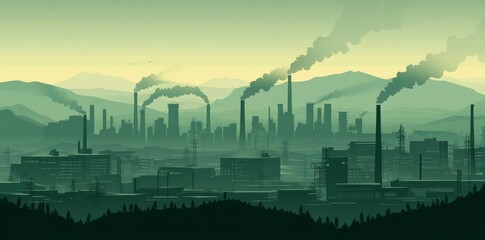 Wall Mural - The smoke stacks of factory buildings are surrounded by green hills.