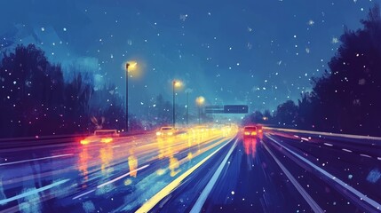 Night Highway Under a Starry Sky, digital art, cityscape, road, night driving, highway, starry sky