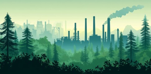 Wall Mural - In a green landscape, industrial buildings stand amid trees.