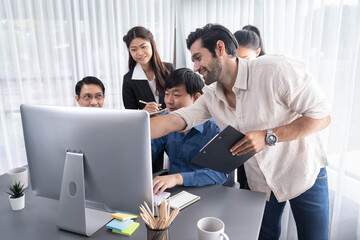 Group of diverse office worker employee working together on strategic business marketing planning in corporate office room. Positive teamwork in business workplace concept. Prudent