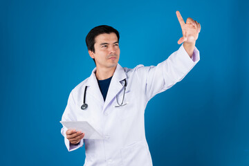 Wall Mural - Smart doctor holding transparent tablet searching disease research zoom in or out for choosing futuristic technology for remedy therapy healthcare innovation interface hologram r screen. Contrivance.