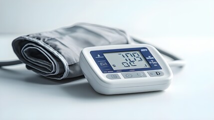 A detailed stock photo of a digital blood pressure monitor, showcasing its display screen, cuff, and measurement controls, set on a white backdrop.