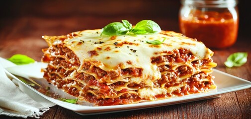 Closeup of Cheesy Lasagna with Basil on White Plate Rustic Wooden Table Italian Food Concept