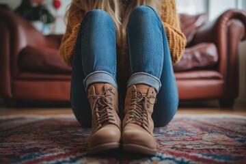 A person wearing brown boots and jeans sits cross-legged on a vibrant carpet, indicating relaxation and comfort.