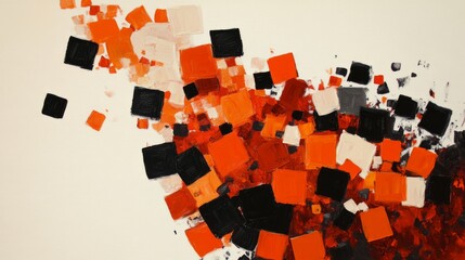 A squared abstract art piece made up of orange, black, and white colors.