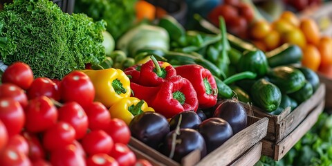 Wall Mural - An assortment of vibrant, fresh vegetables including peppers, tomatoes, and greens, neatly displayed at a market stall.