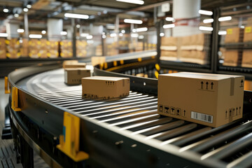 A conveyor belt with boxes on it. The boxes are brown and white