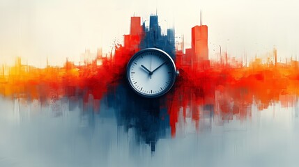 An artistic representation featuring a prominent clock blended over an abstract cityscape. Vivid red and orange hues suggest sunrise or sunset