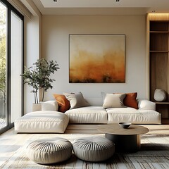 Wall Mural -  Japandi, scandinavain interior design of modern living room. 