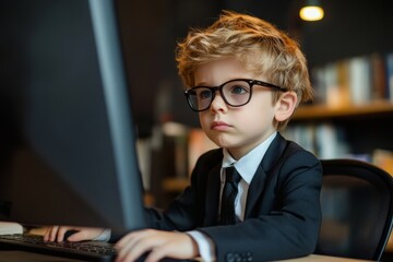 Portrait of boy imitating as businessman using computer, Generative AI