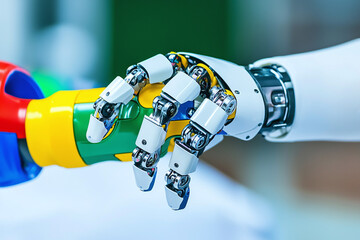 a child's robotic prosthetic arm reaching for a colorful toy, focusing on the intricate joint mechanisms