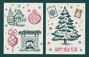 Wall Mural - Christmas set with  tree, fireplace  and ball in sketch style. Hand drawn illustration.	
