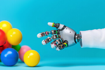 a child's robotic prosthetic arm reaching for a colorful toy, focusing on the intricate joint mechanisms