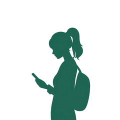 Silhouette of a woman using her phone, featuring a stylish backpack and long hair, conveying modern lifestyle and connectivity. transparent background