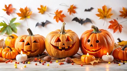 Wall Mural - smiling pumpkins surrounded by autumn leaves on white background