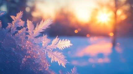 A blurred background highlights ice crystals on a window pane.