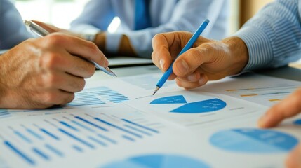  A close-up of a business team working together to discuss work. Analyzing with financial data and graphs of marketing growth reports in the team.