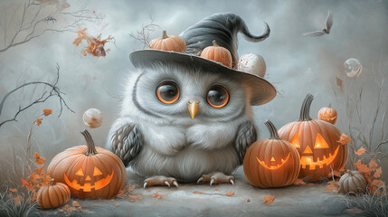 Funny owl in black hat and halloween pumpkin