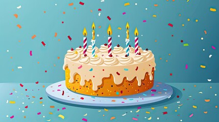 Birthday cake. Cartoon cute style. Flat design. Footage of colorful cake with candles and confetti on blue background