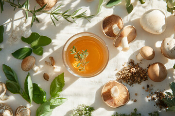 Glass of herbal infusion with fresh mushrooms, leaves, and herbs on a bright, sunlit surface