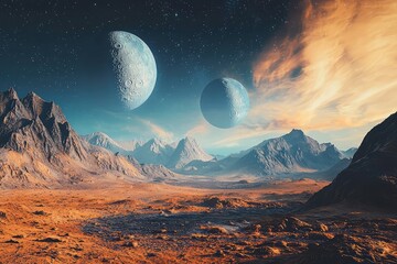 Two Moons Rise Over a Desolate, Rocky Alien Landscape