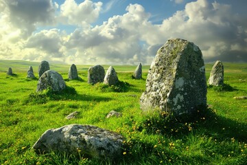 Whispers of Time: A Stone Circle Stands Guard in a Verdant Meadow, Under a Sky of Dreamy Clouds.