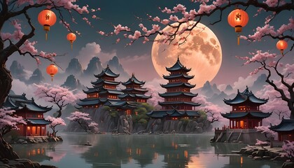 a calm moonlit lake with traditional pagodas on the shore, surrounded by cherry blossoms and mountai